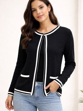 Black Contrast-Trim Cardigan Sweater - Women's